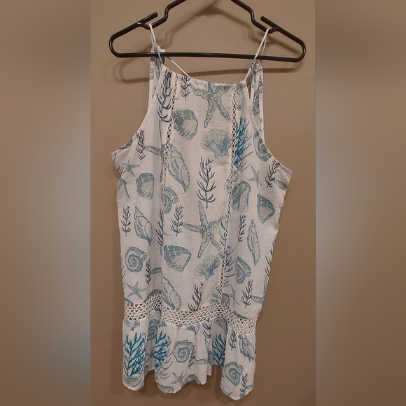 Blue and White Cut Out Tank Top Swim Coverup - Picture 1 of 8